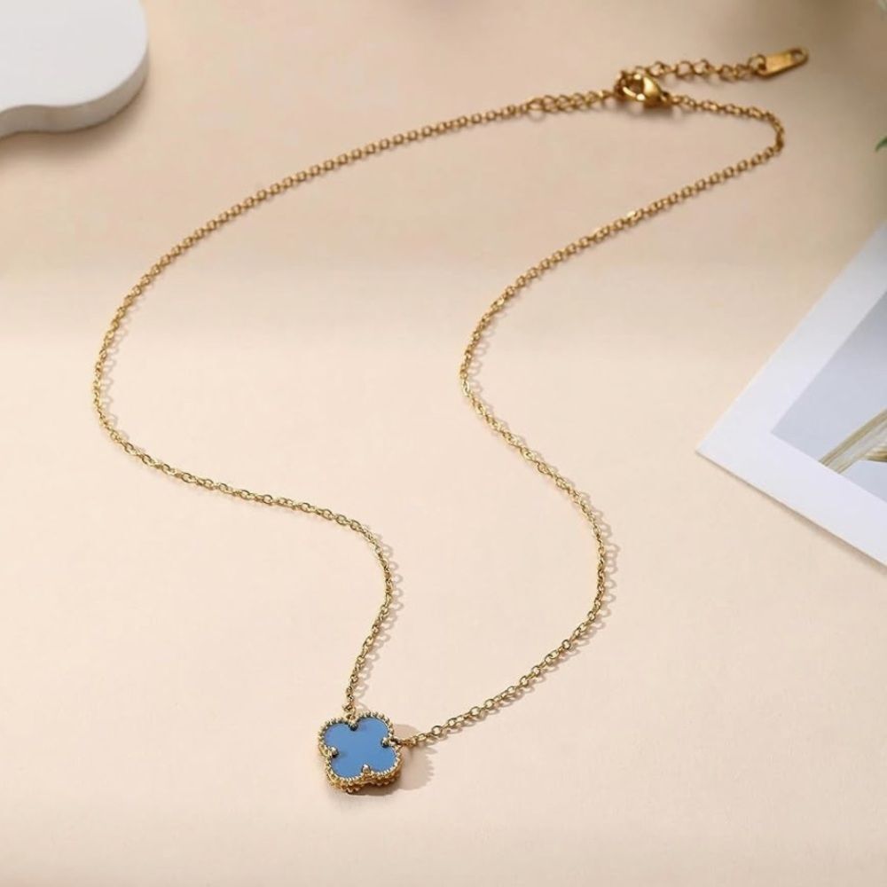 18K Gold Clover Pendant Necklace Blue Enamel Four Leaf Charm Van Cleef Style